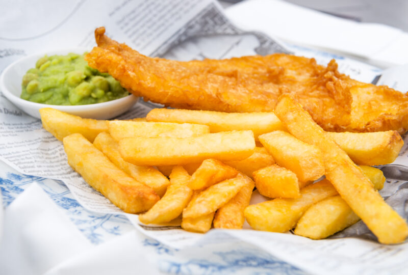 Fish and chips with peas